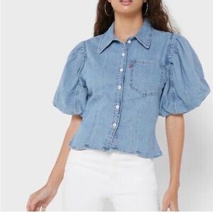 Levis Shirt Women Size S Blue Denim Short Puff Sleeve Roxy Button Up